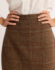 Close up of woman's hands on hips wearing brown plaid skirt and white button-up shirt