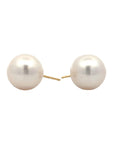 A pair of round pearl stud earrings against a white background.