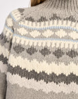 Close-up of a patterned sweater with gray, white, and blue colors.