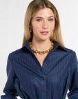 Eleanor Shirt Dress in Midnight Chalk Stripe, close-up detail | Eleanor Leftwich