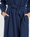 Eleanor Shirt Dress in Midnight Chalk Stripe, close-up detail | Eleanor Leftwich