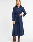 Eleanor Shirt Dress in Midnight Chalk Stripe, front view | Eleanor Leftwich