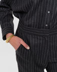 Ellis Pants in Charcoal Chalk Stripe, close-up detail | Eleanor Leftwich