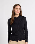 Woman modeling a black tissue cardigan on a white background
