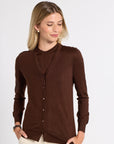 Woman modeling a brown light cashmere cardigan