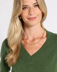 A blonde woman wearing a green V-neck knit sweater and a delicate gold chain necklace, shown from the chest up against a plain light background.