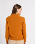 A woman shown from the back wearing a camel-colored knit sweater and beige trousers, photographed against a plain light gray studio background.