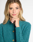 A woman with blonde hair wearing a teal cable-knit button-up cardigan sweater, styled with gold hoop earrings and a gold ring, against a plain light gray background.