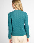 A woman shown from the back wearing a teal cable-knit sweater and cream pants against a light gray studio background.