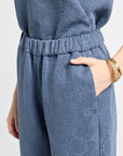 Image of blue patterned pants with a white background