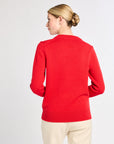 Person wearing a red sweater on a white background