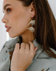 A profile view of a woman's face and shoulder wearing the long, gold-toned earrings with chiffon tufts. She is looking to the side.