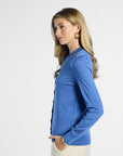 side profile of a Woman wearing a blue cardigan on a white background