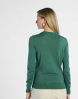 Woman wearing a green sweater on a white background
