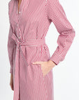 Red and white striped dress with a tie waist on a white background