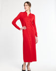 Woman wearing a red dress on a white background