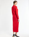 Woman wearing a red dress on a white background