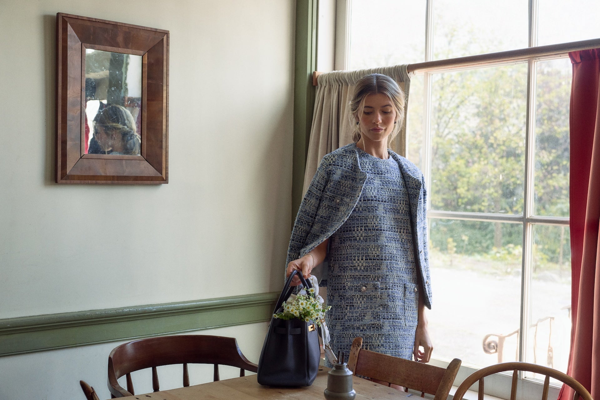 Model posing in Indigo Weave Tweed