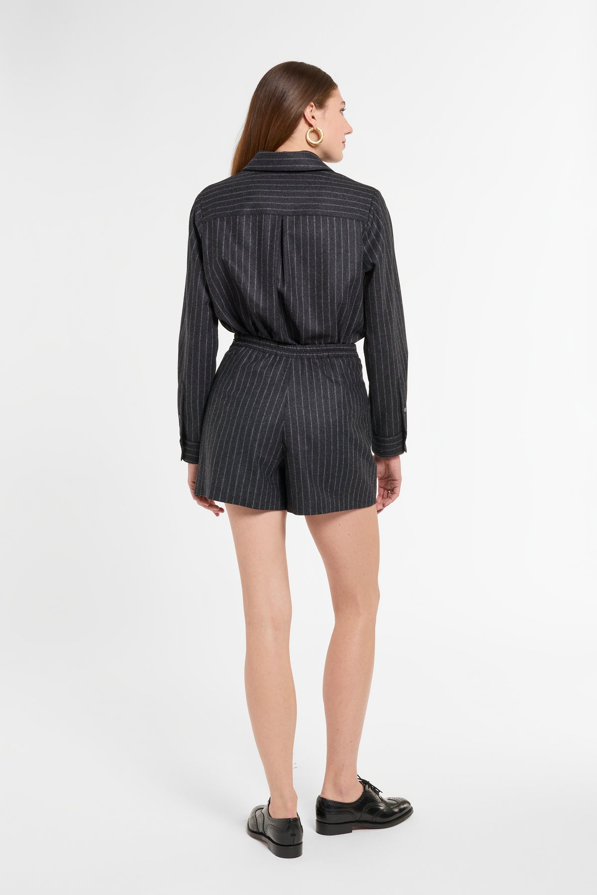 Archer Shorts in Charcoal Chalk Stripe, back view | Eleanor Leftwich