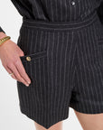 Archer Shorts in Charcoal Chalk Stripe, close-up detail | Eleanor Leftwich