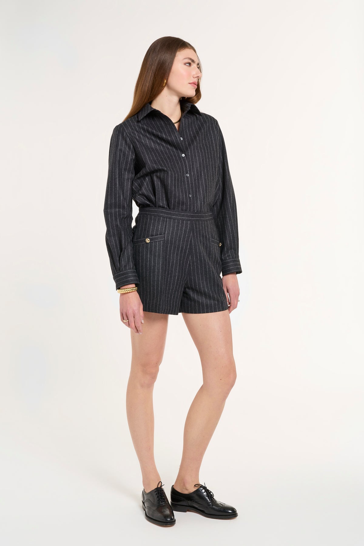 Archer Shorts in Charcoal Chalk Stripe, front view | Eleanor Leftwich