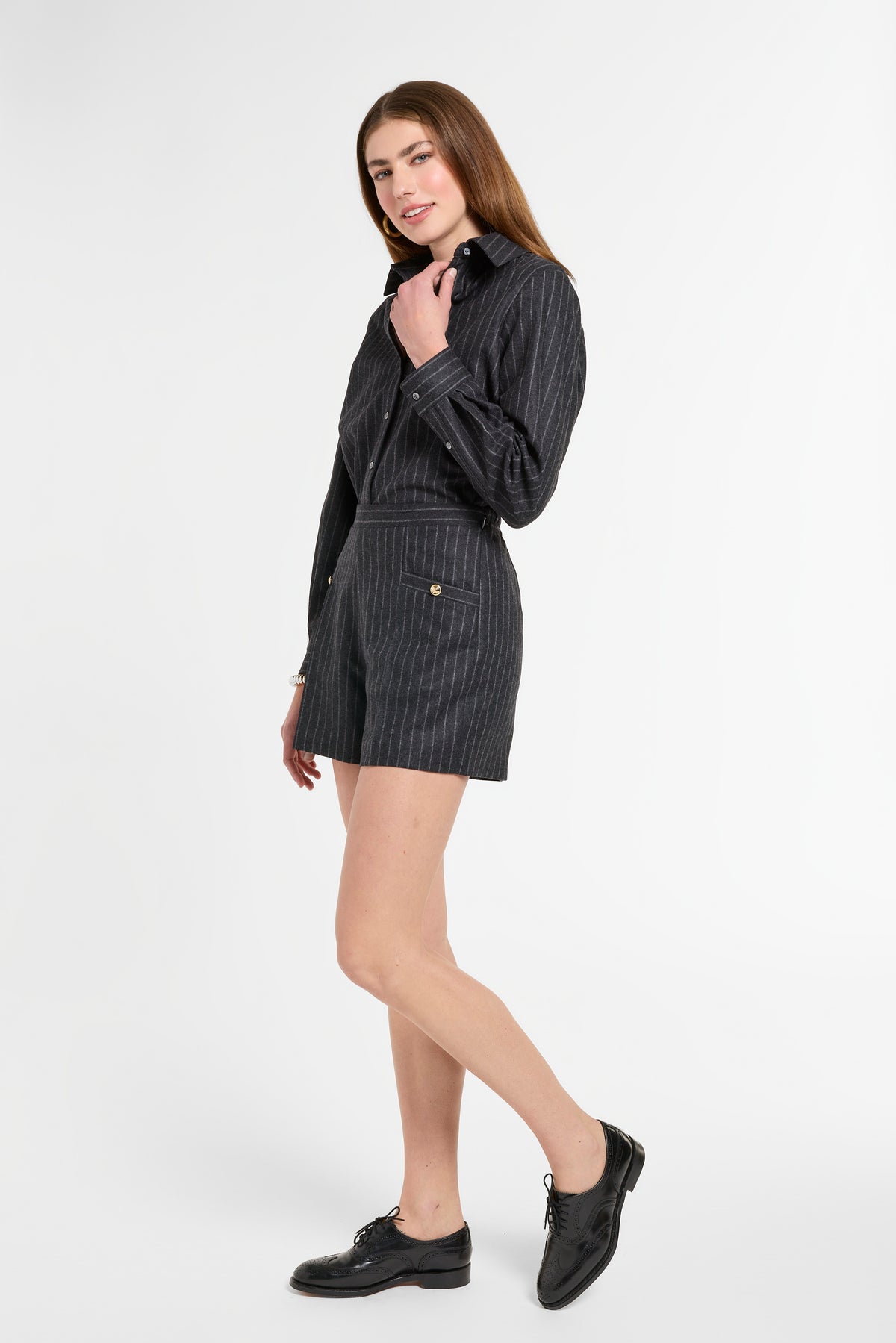 Archer Shorts in Charcoal Chalk Stripe, side view | Eleanor Leftwich