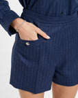 Archer Shorts in Midnight Chalk Stripe, close-up detail | Eleanor Leftwich
