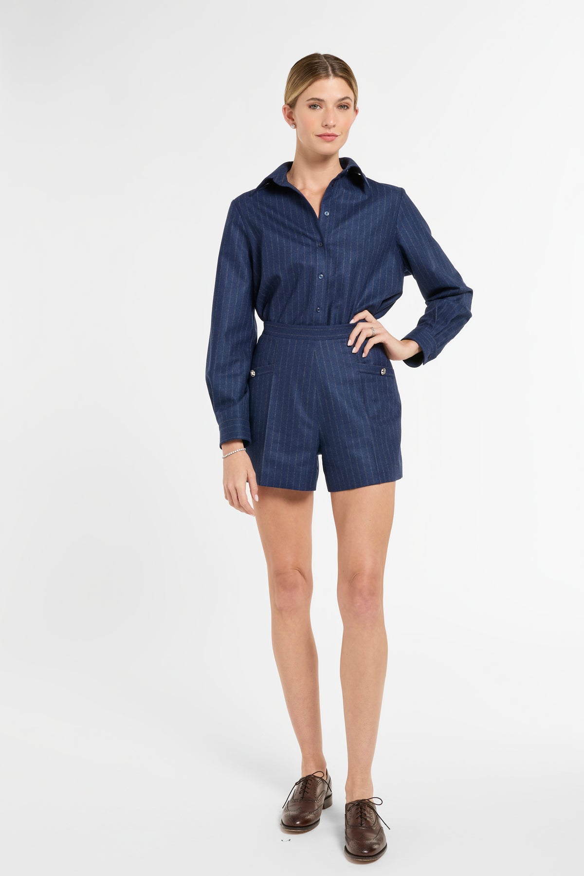 Archer Shorts in Midnight Chalk Stripe, front view | Eleanor Leftwich