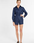 Archer Shorts in Midnight Chalk Stripe, front view | Eleanor Leftwich