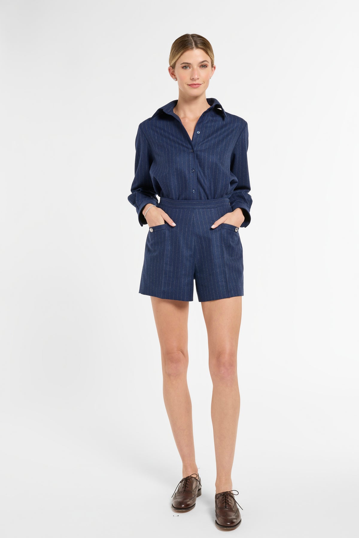Archer Shorts in Midnight Chalk Stripe, front view | Eleanor Leftwich