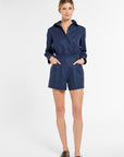Archer Shorts in Midnight Chalk Stripe, front view | Eleanor Leftwich