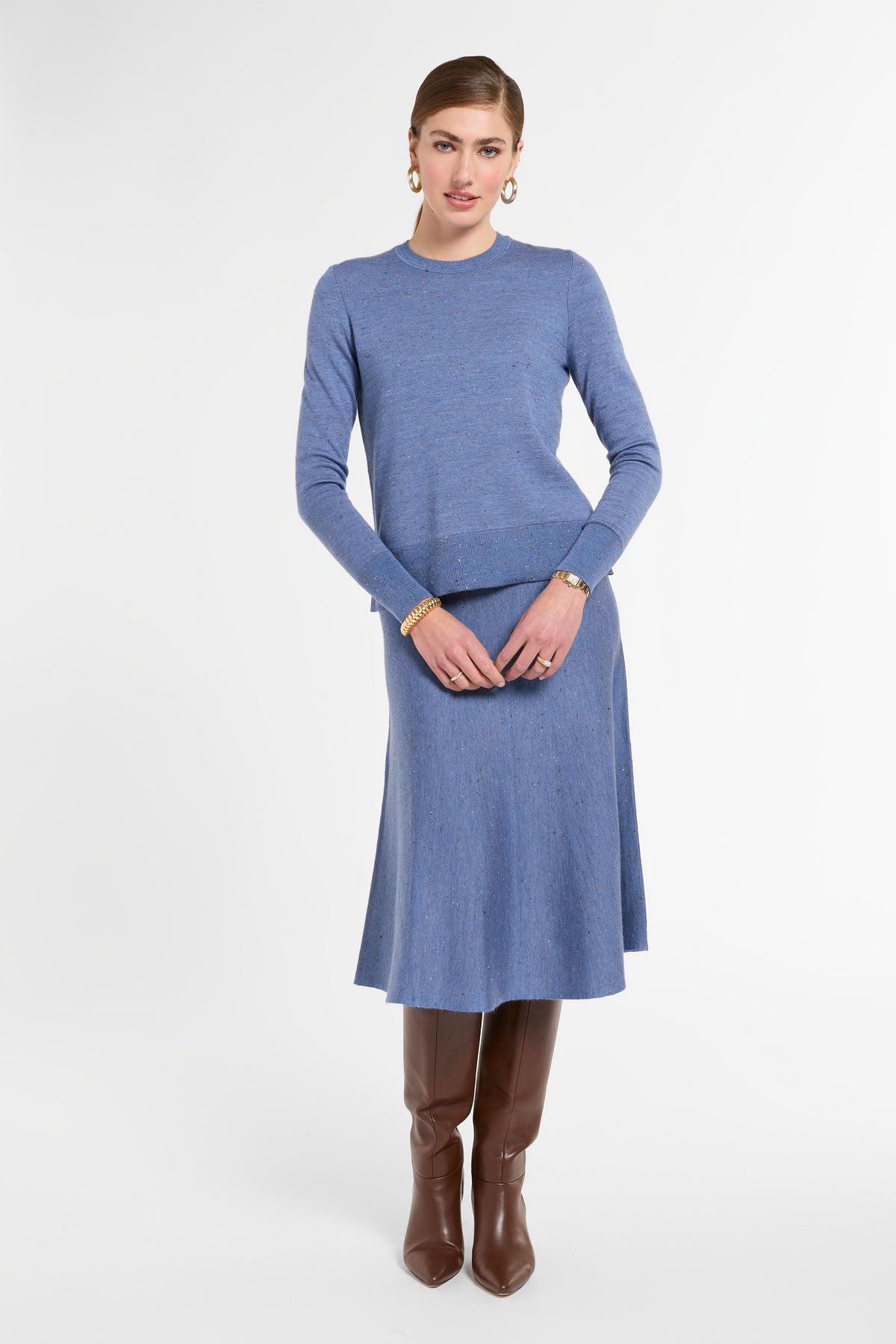Crewneck with Slit in Delft Multi, front view | Eleanor Leftwich