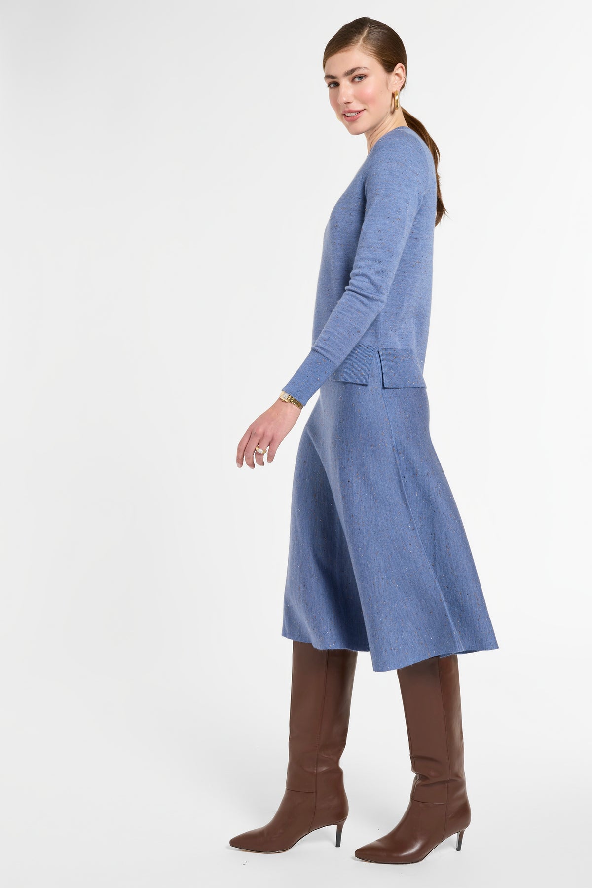 Crewneck with Slit in Delft Multi, side view | Eleanor Leftwich