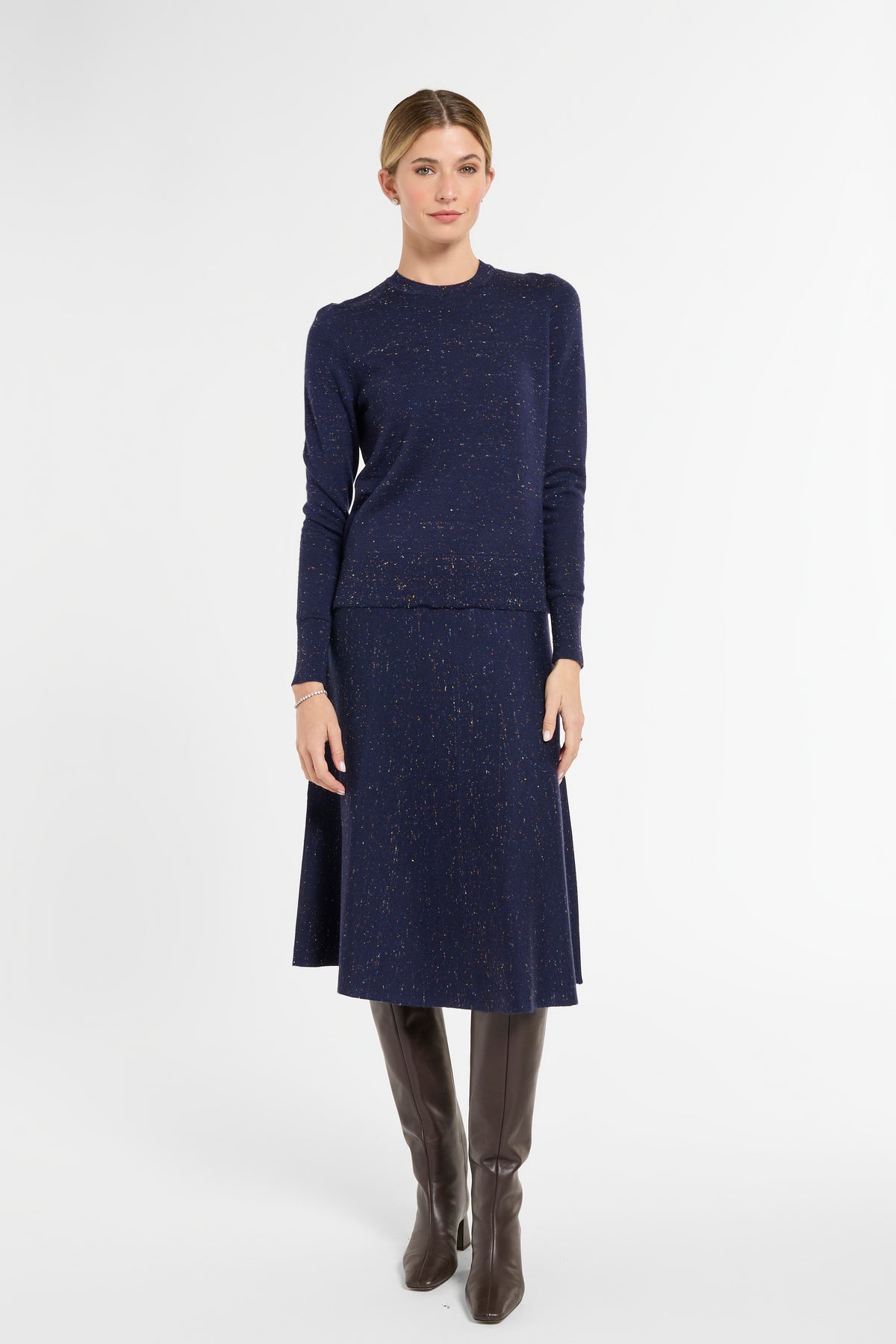 Crewneck with Slit in Midnight Multi, front view | Eleanor Leftwich