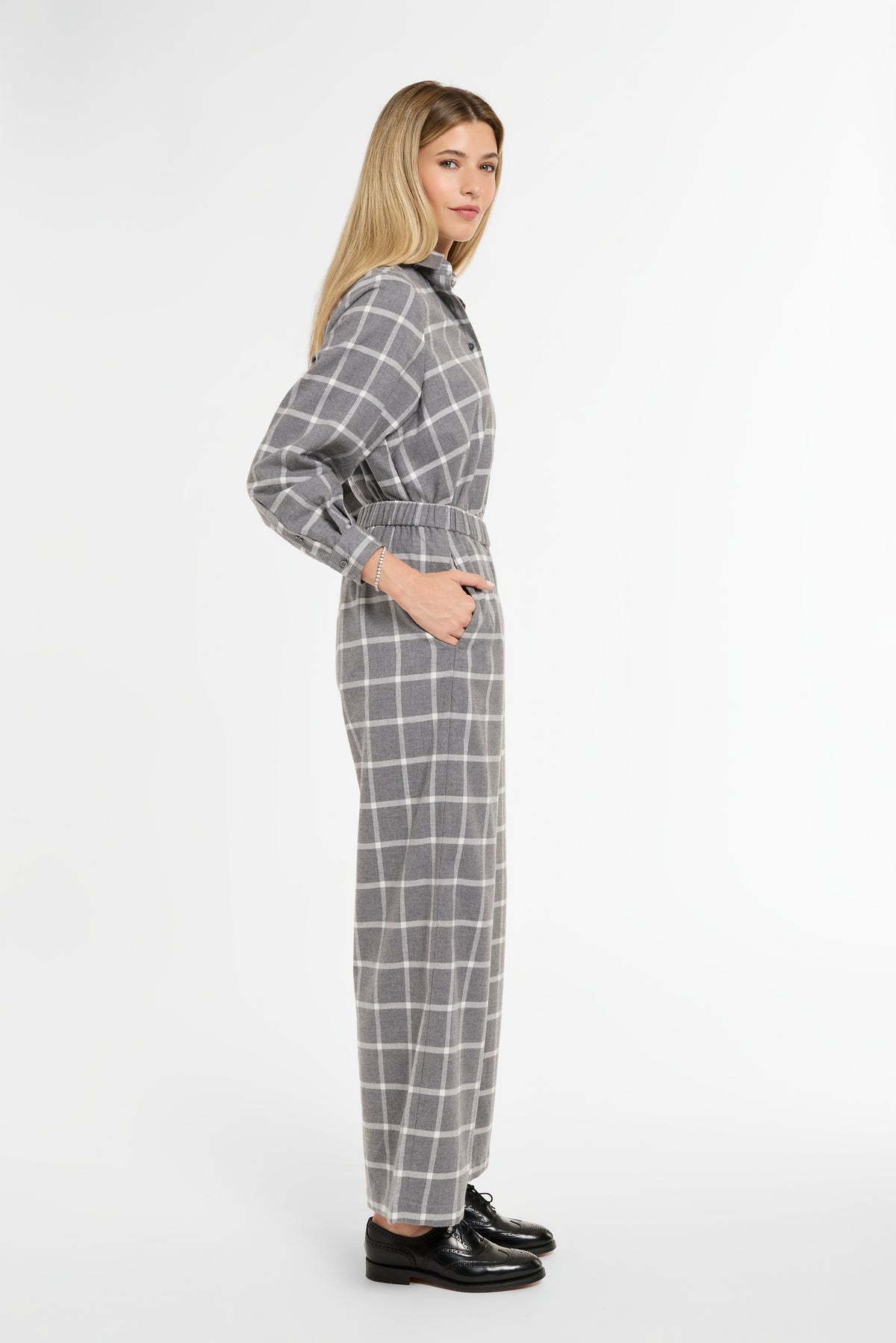 Diane Pants in Grey Flannel, side view | Eleanor Leftwich