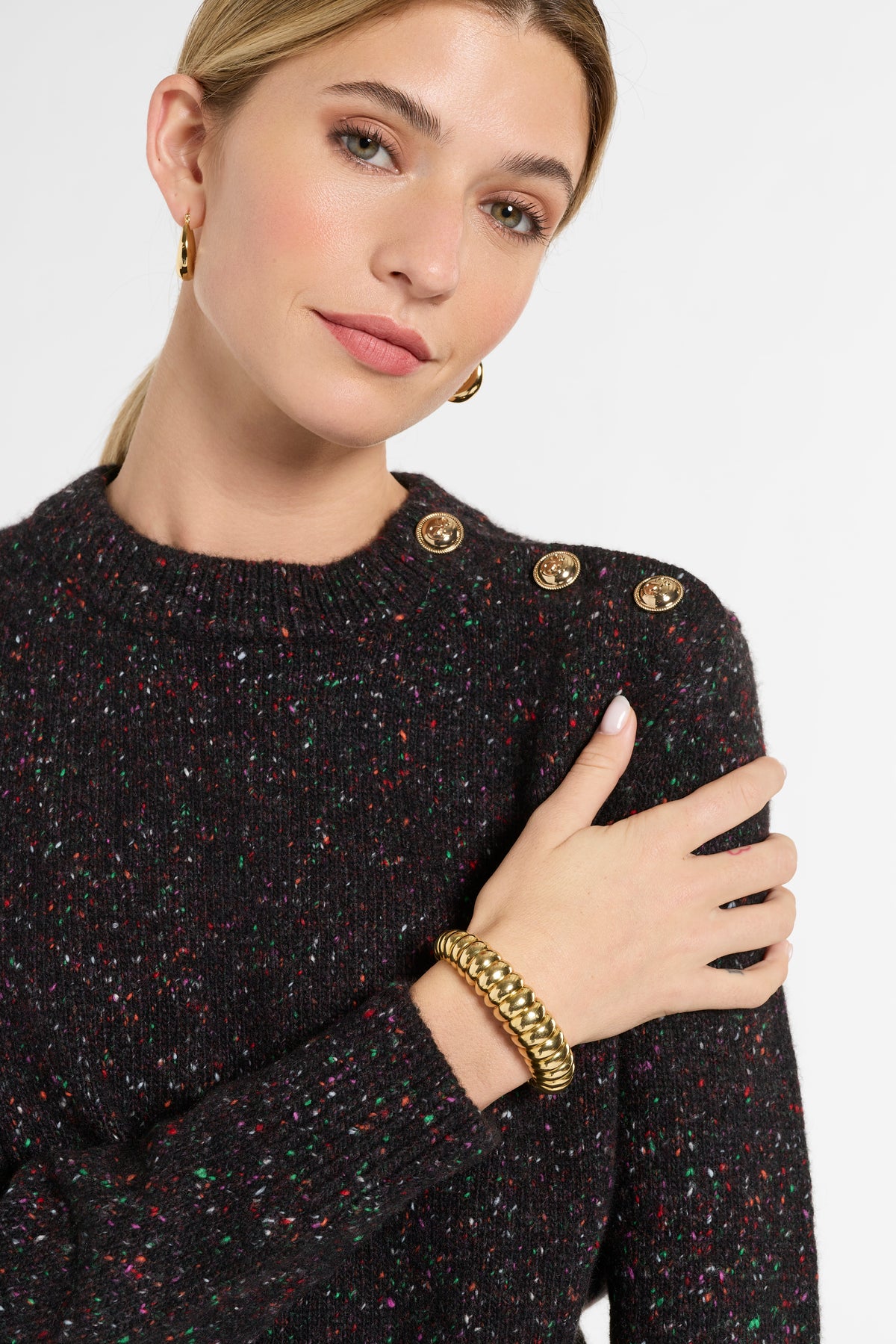 Donegal Button Crewneck in Milky Way, close-up detail | Eleanor Leftwich