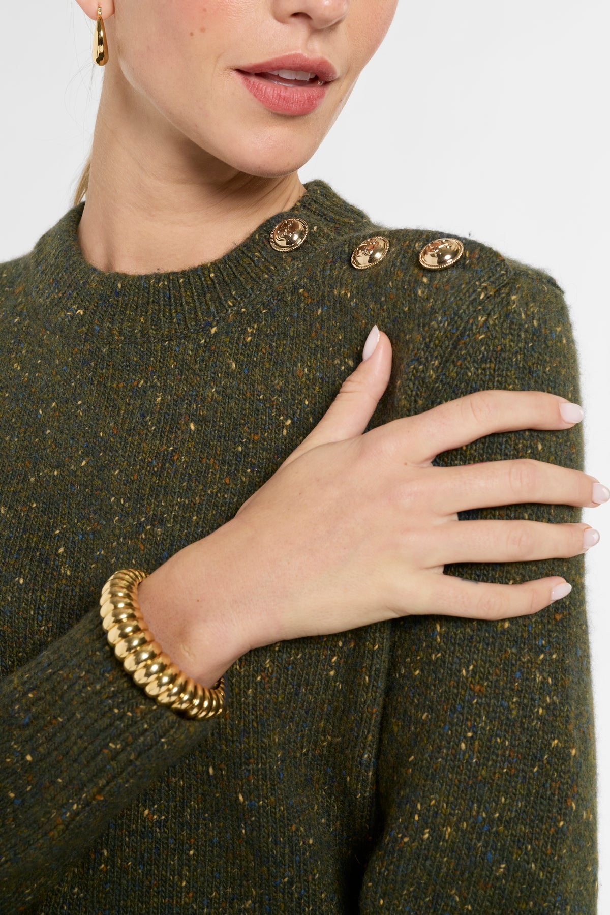 Donegal Button Crewneck in Moss Garden, close-up detail | Eleanor Leftwich