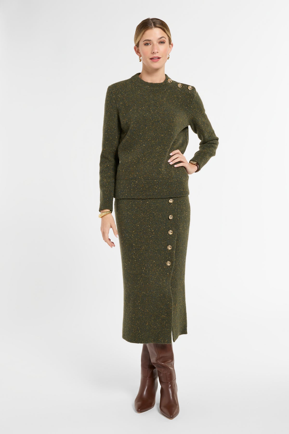 Donegal Button Crewneck in Moss Garden, front view | Eleanor Leftwich