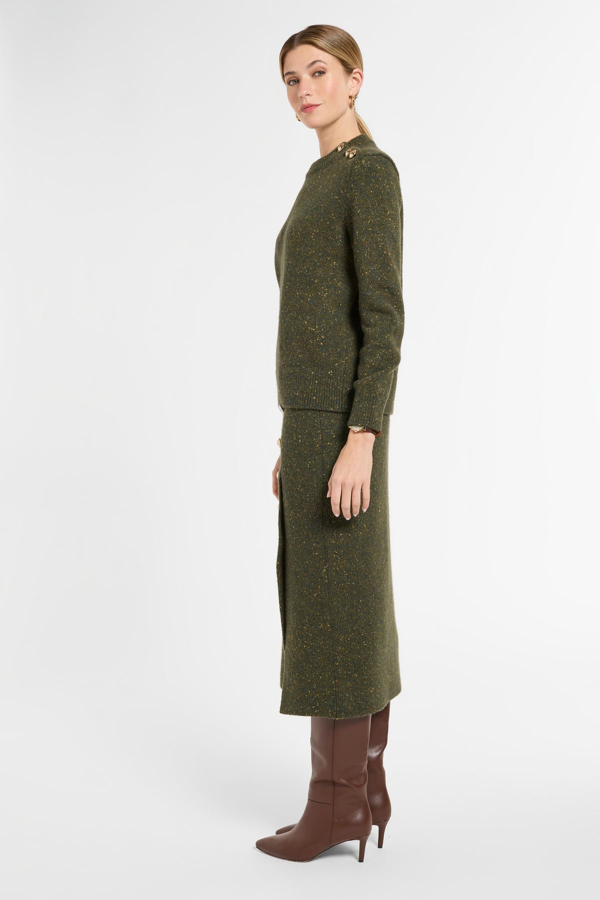 Donegal Button Crewneck in Moss Garden, side view | Eleanor Leftwich