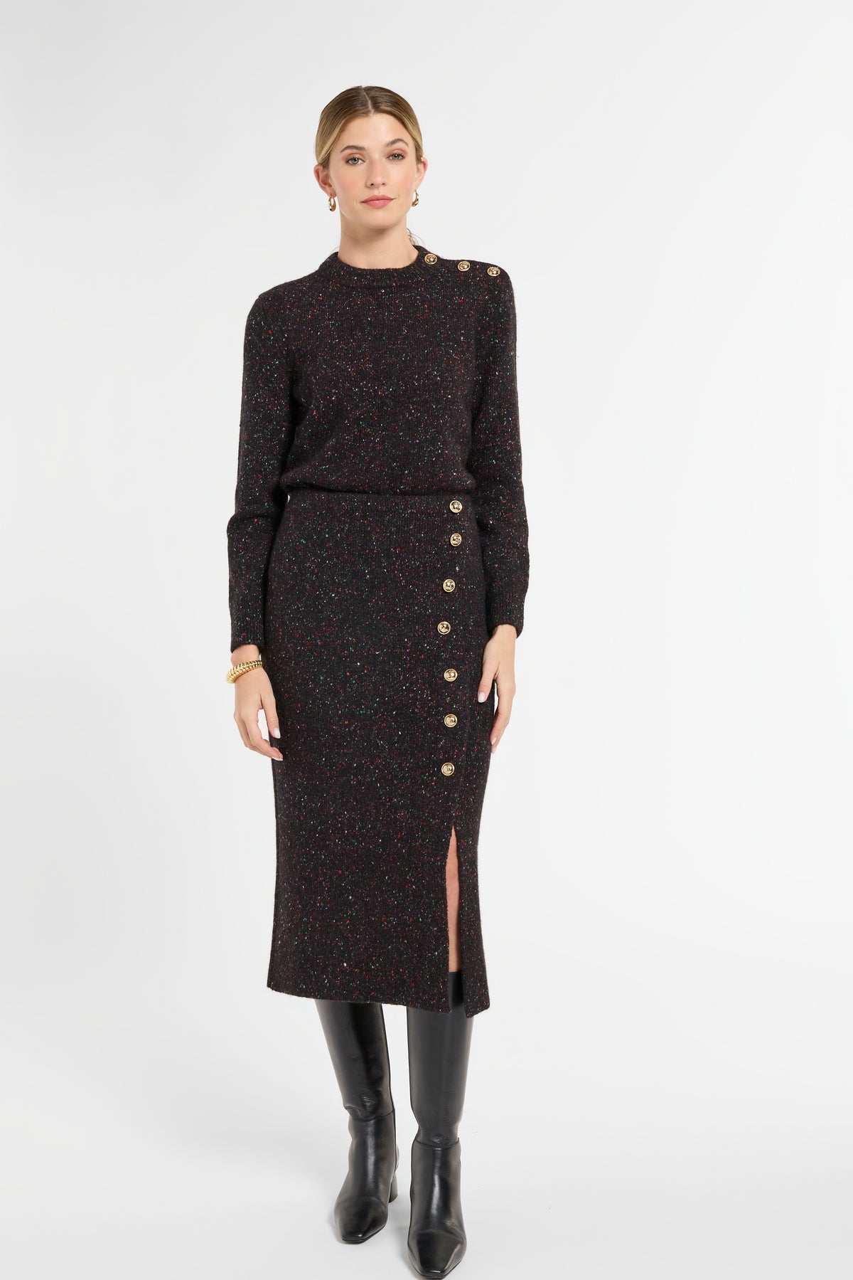 Donegal Button Wrap Skirt in Milky Way, front view | Eleanor Leftwich