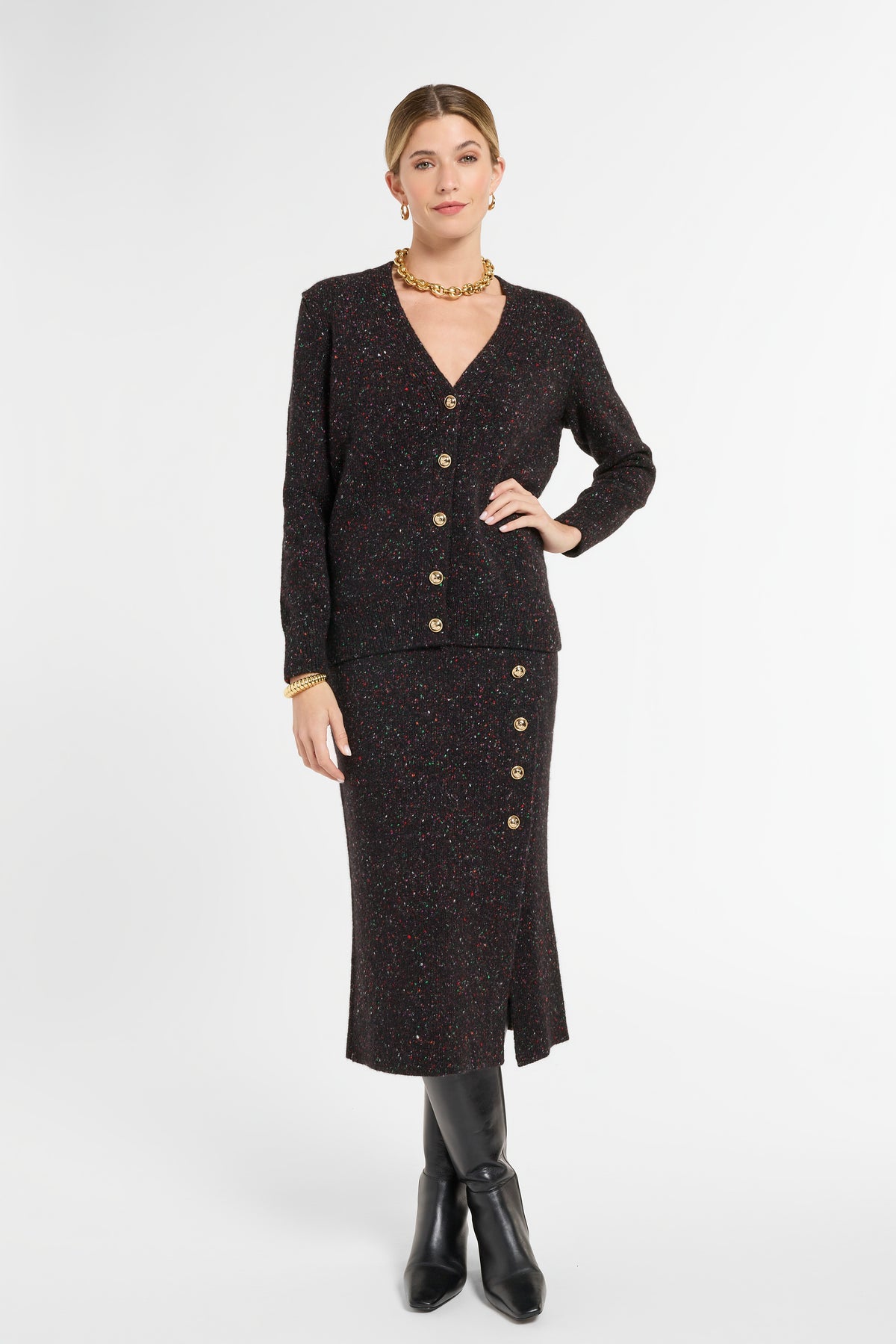 Donegal Cardigan in Milky Way, front view | Eleanor Leftwich