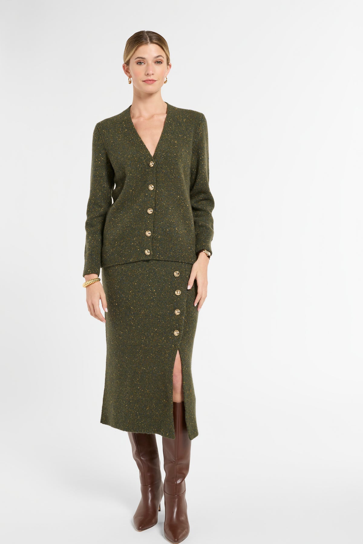 Donegal Cardigan in Moss Garden, front view | Eleanor Leftwich