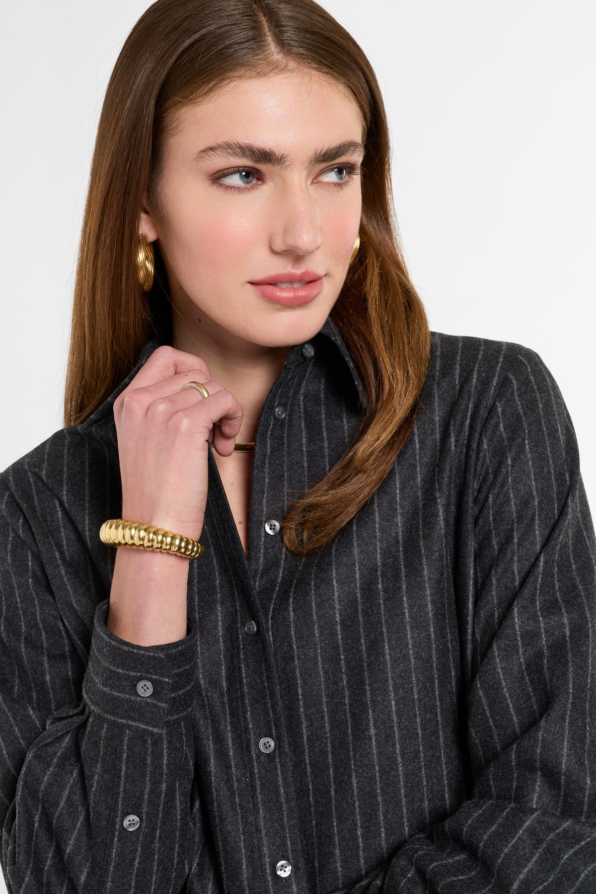 Eleanor Shirt in Charcoal Chalk Stripe, close-up detail | Eleanor Leftwich