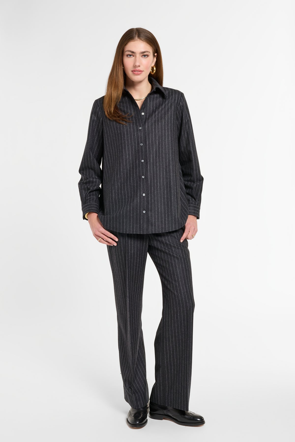 Eleanor Shirt in Charcoal Chalk Stripe, front view | Eleanor Leftwich