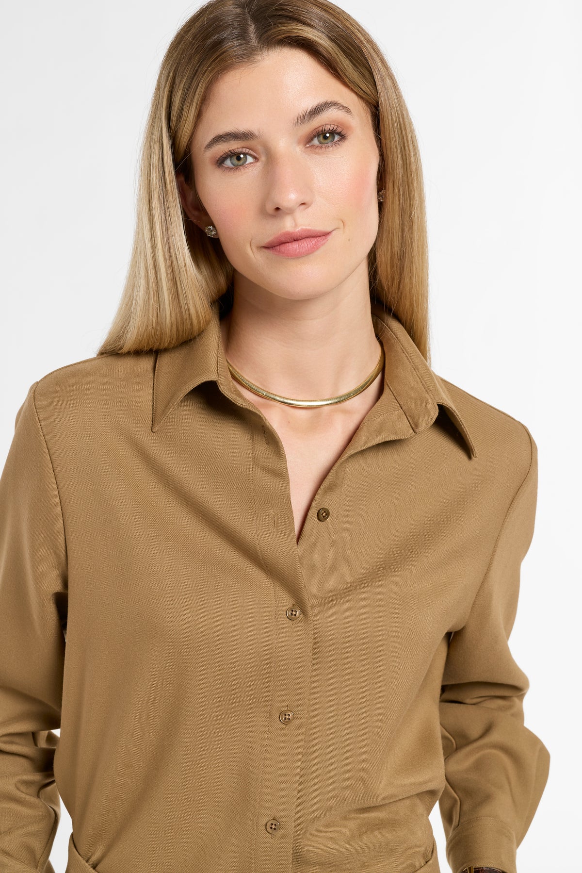 Eleanor Shirt in Cognac Virgin Wool, close-up detail | Eleanor Leftwich