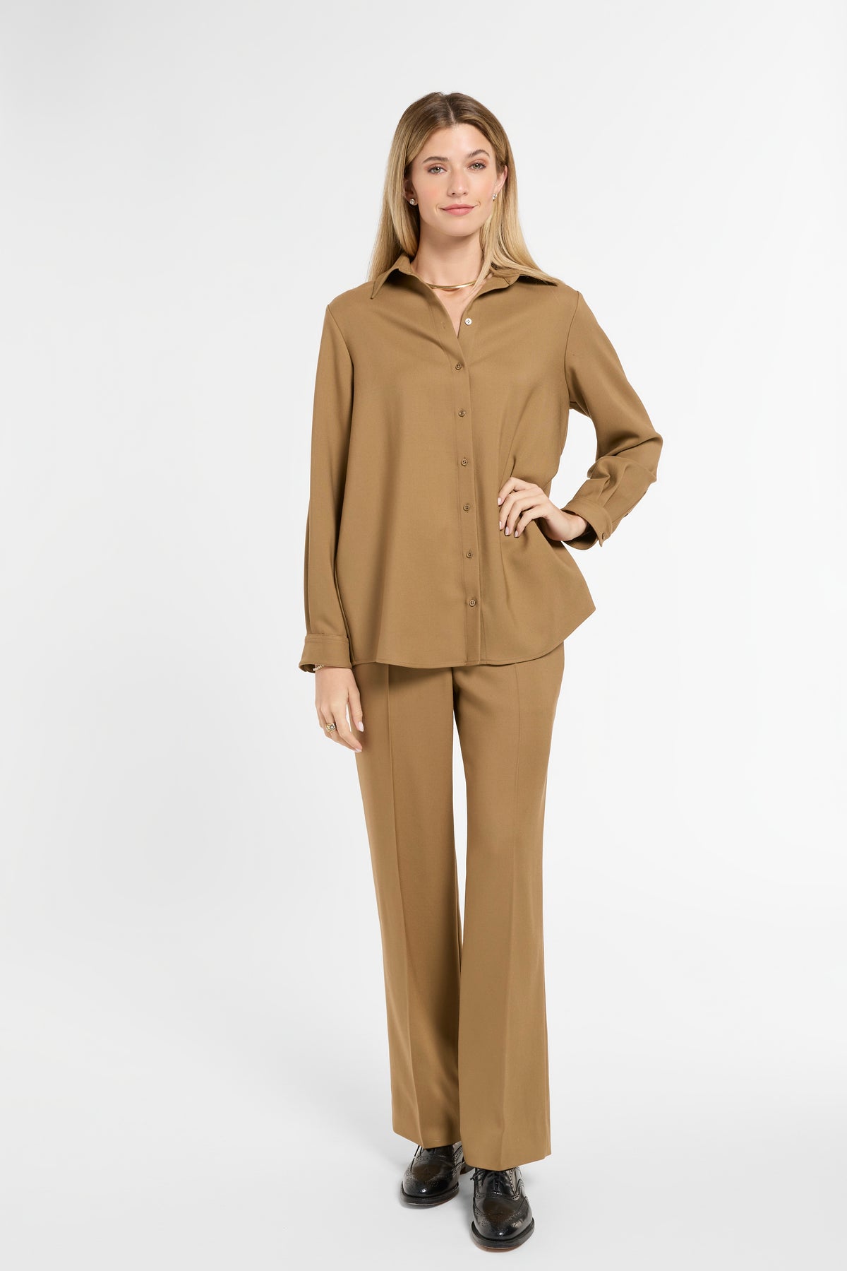 Eleanor Shirt in Cognac Virgin Wool, front view | Eleanor Leftwich
