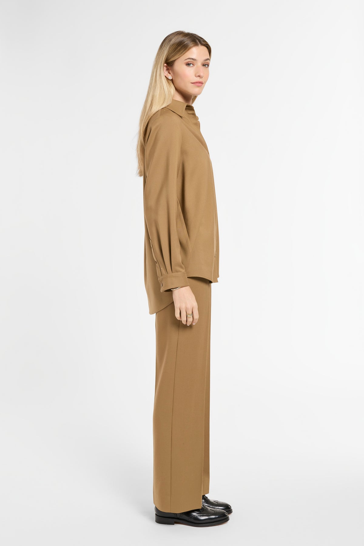 Eleanor Shirt in Cognac Virgin Wool, side view | Eleanor Leftwich