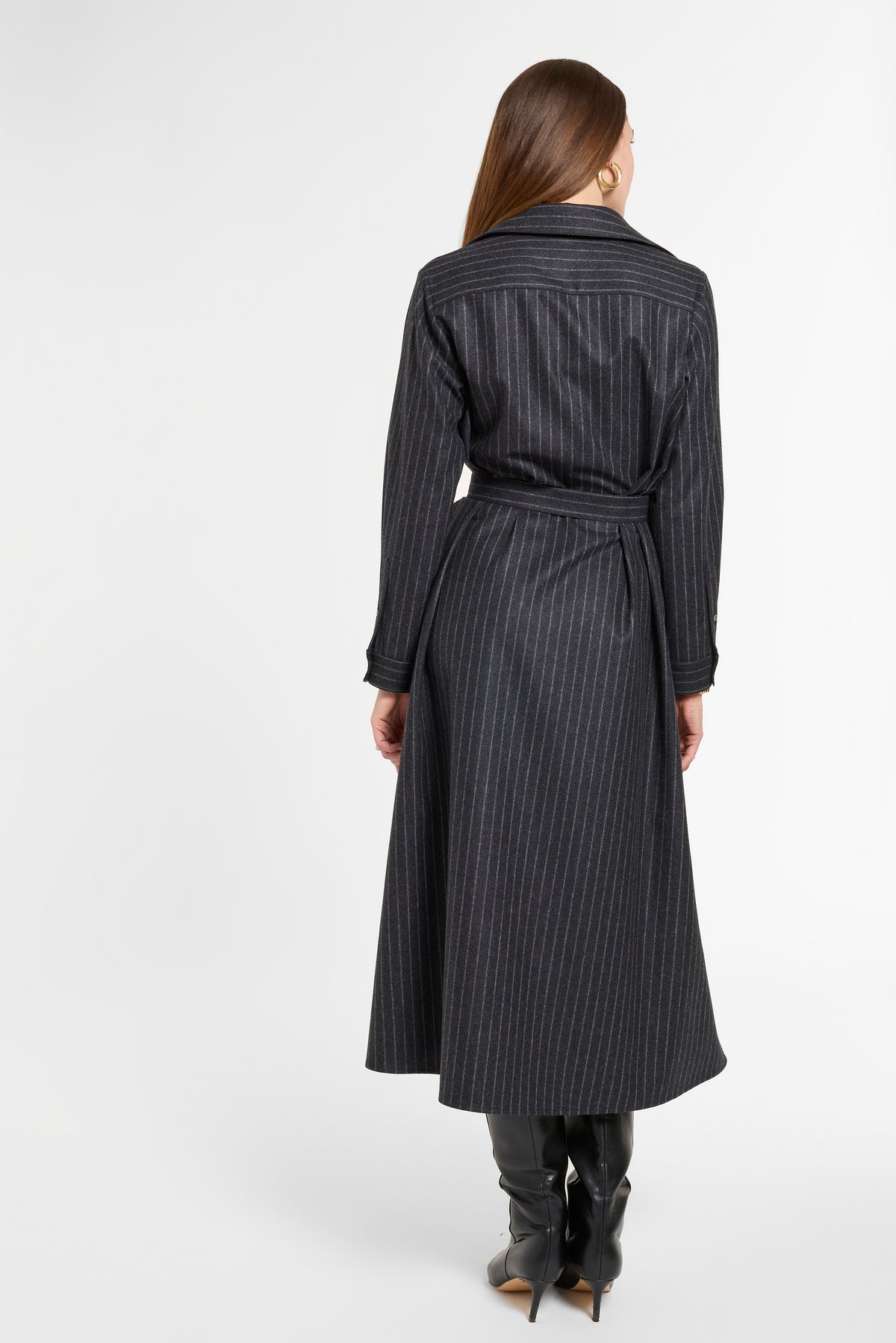 Eleanor Shirt Dress in Charcoal Chalk Stripe, back view | Eleanor Leftwich