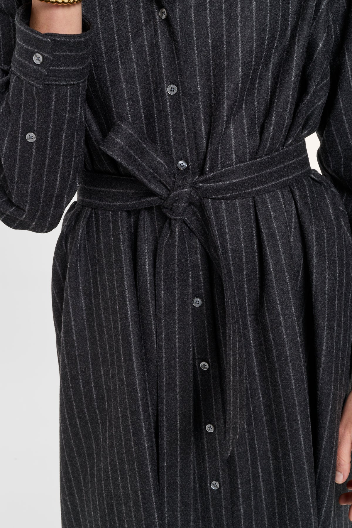 Eleanor Shirt Dress in Charcoal Chalk Stripe, close-up detail | Eleanor Leftwich