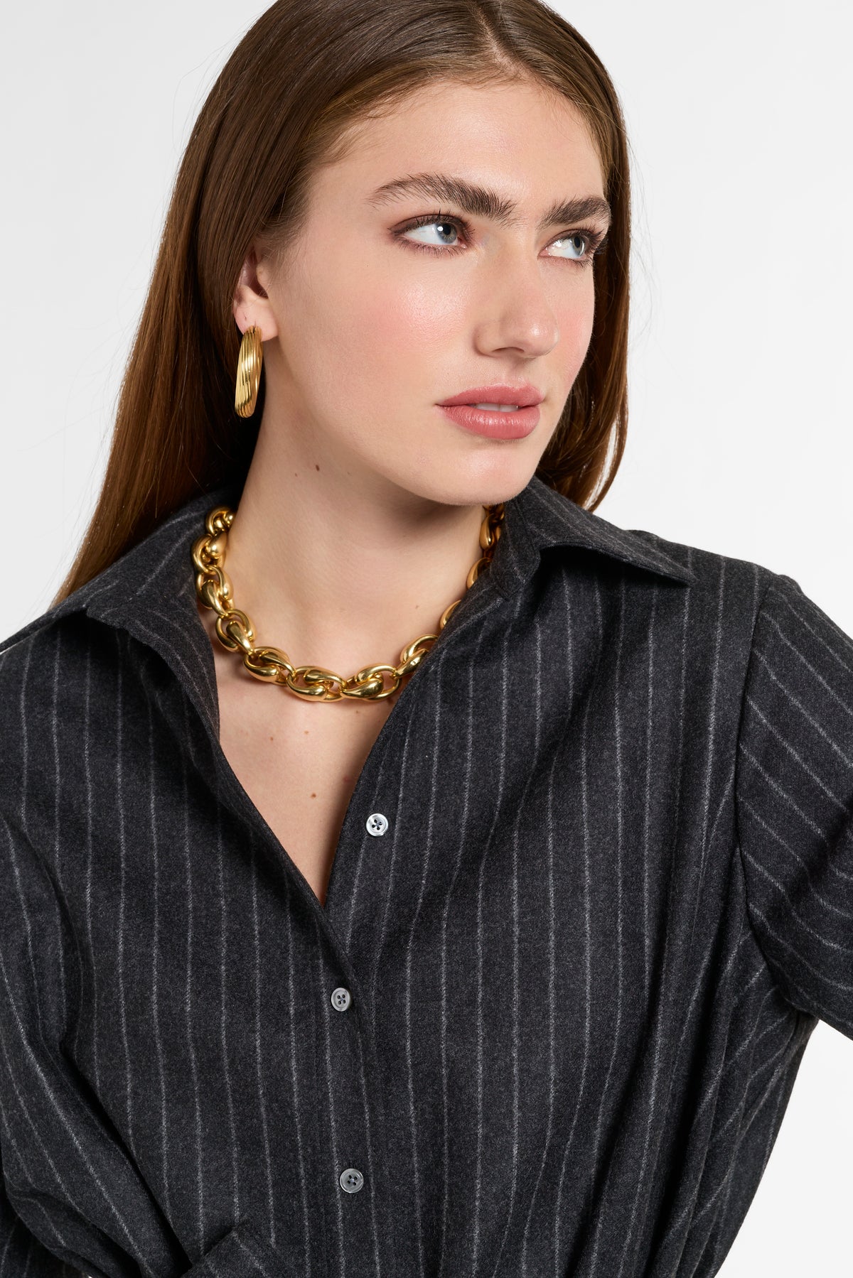 Eleanor Shirt Dress in Charcoal Chalk Stripe, close-up detail | Eleanor Leftwich